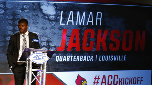 Jul 13, 2017; Charlotte, NC, USA; Louisville Cardinals quarterback Lamar Jackson speaks to the media during the ACC Kickoff at the Westin Charlotte. Photo Credit: Jeremy Brevard-USA TODAY Sports