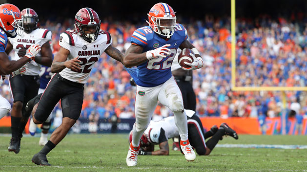 Nov 10, 2018; Gainesville, FL, USA; Florida Gators running back Lamical Perine (22) runs the ball in for a touchdown against South Carolina Gamecocks defensive back Steven Montac (22) during the second half at Ben Hill Griffin Stadium. Photo Credit: Kim Klement-USA TODAY Sports