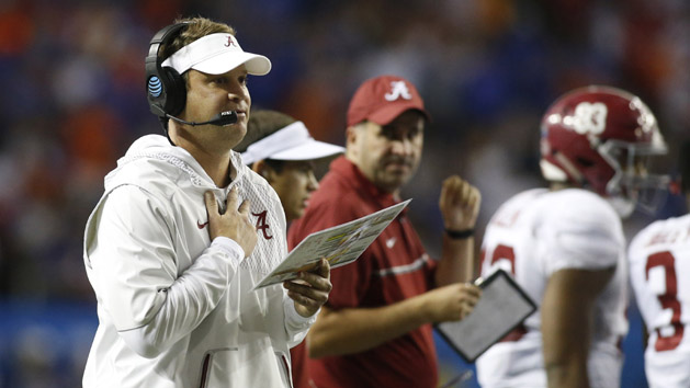 Dec 3, 2016; Atlanta, GA, USA; Alabama Crimson Tide offensive coordinator Lane Kiffin reacts during the fourth quarter of the SEC Championship college football game against the Florida Gators at Georgia Dome. Photo Credit: Brett Davis-USA TODAY Sports