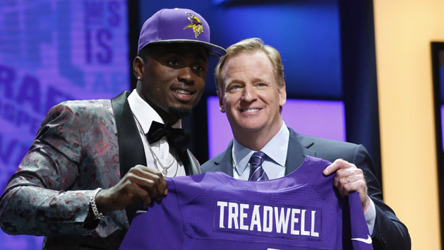 Apr 28, 2016; Chicago, IL, USA; Laquon Treadwell (Mississippi) with NFL commissioner Roger Goodell after being selected by the Minnesota Vikings as the number twenty-three overall pick in the first round of the 2016 NFL Draft at Auditorium Theatre. Mandatory Credit: Kamil Krzaczynski-USA TODAY Sports