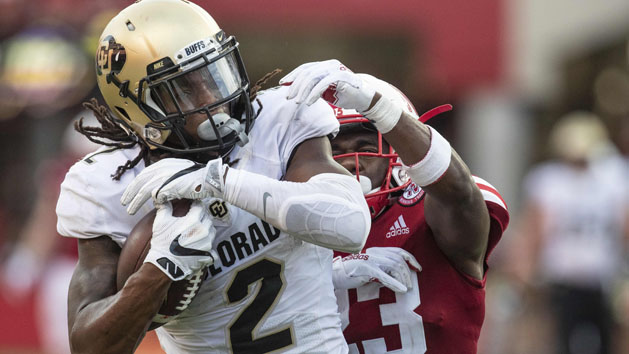 Sep 8, 2018; Lincoln, NE, USA; Colorado Buffaloes wide receiver Laviska Shenault Jr. (2) catches a touchdown pass against Nebraska Cornhuskers cornerback DiCaprio Bootle (23) in the second half at Memorial Stadium. Colorado won 33-28. Photo Credit: Bruce Thorson-USA TODAY Sports