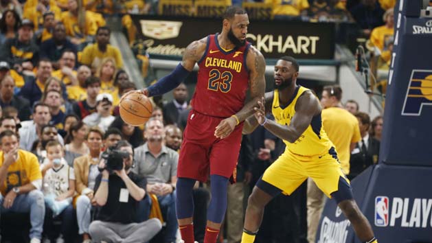 Apr 20, 2018; Indianapolis, IN, USA; Cleveland Cavaliers forward LeBron James (23) is guarded by Indiana Pacers guard Lance Stephenson (1) during the first quarter in game three of the first round of the 2018 NBA Playoffs at Bankers Life Fieldhouse. Photo Credit: Brian Spurlock-USA TODAY Sports