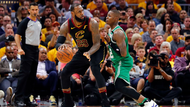 May 19, 2018; Cleveland, OH, USA; Cleveland Cavaliers forward LeBron James (23) drives against Boston Celtics guard Terry Rozier (12) in game three of the Eastern conference finals of the 2018 NBA Playoffs at Quicken Loans Arena. Photo Credit: Rick Osentoski-USA TODAY Sports