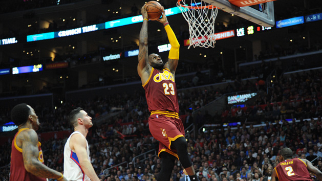 March 13, 2016; Los Angeles, CA, USA; Cleveland Cavaliers forward LeBron James (23) dunks to score a basket against Los Angeles Clippers during the first half at Staples Center. Mandatory Credit: Gary A. Vasquez-USA TODAY Sports