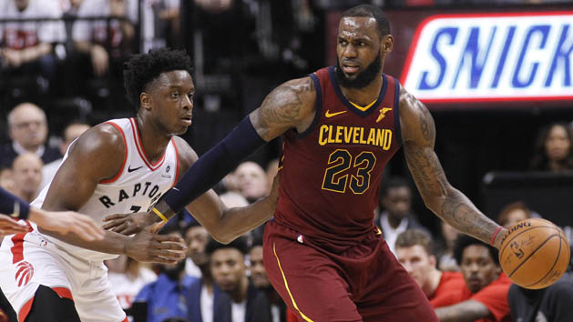May 1, 2018; Toronto, Ontario, CAN; Toronto Raptors forward OG Anunoby (3) dfends against Cleveland Cavaliers forward LeBron James (23) during game one of the second round of the 2018 NBA Playoffs at Air Canada Centre. Cleveland defeated Toronto in overtime. Photo Credit: John E. Sokolowski-USA TODAY Sports