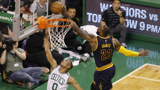 May 19, 2017; Boston, MA, USA; Cleveland Cavaliers forward LeBron James (23) blocks the shot of Boston Celtics guard Avery Bradley (0) during the first quarter in game two of the Eastern conference finals of the NBA Playoffs at TD Garden. Photo Credit: David Butler II-USA TODAY Sports