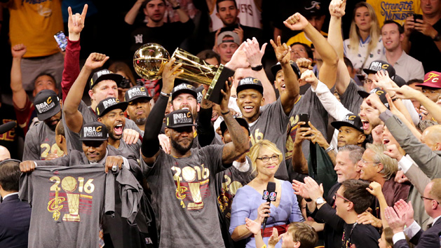 Jun 19, 2016; Oakland, CA, USA; Cleveland Cavaliers forward LeBron James (23) and the Cleveland Cavaliers celebrate after beating the Golden State Warriors in game seven of the NBA Finals at Oracle Arena. Photo Credit: Kelley L Cox-USA TODAY Sports