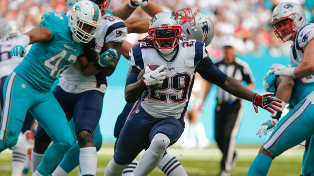 Jan 1, 2017; Miami Gardens, FL, USA; New England Patriots running back LeGarrette Blount (29) during the second quarter of an NFL football game against the Miami Dolphins at Hard Rock Stadium. Photo Credit: Reinhold Matay-USA TODAY Sports