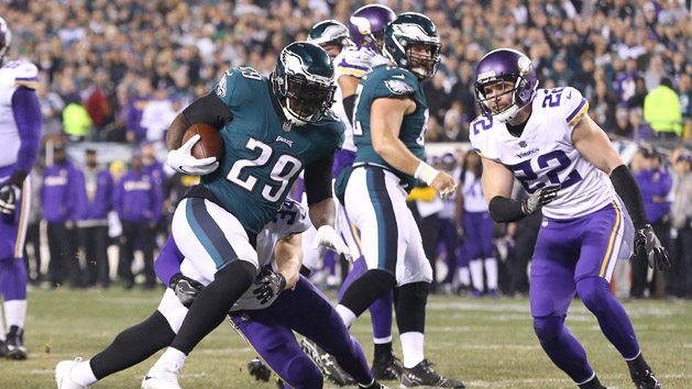 Jan 21, 2018; Philadelphia, PA, USA; Philadelphia Eagles running back LeGarrette Blount (29) carries the ball past Minnesota Vikings strong safety Andrew Sendejo (34) and Vikings free safety Harrison Smith (22) to score a touchdown in the second quarter during the NFC Championship game at Lincoln Financial Field. Photo Credit: Geoff Burke-USA TODAY Sports
