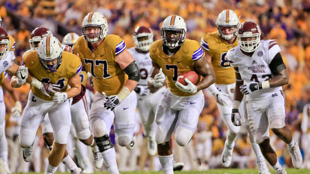 Sep 17, 2016; Baton Rouge, LA, USA; LSU Tigers running back Leonard Fournette (7) scores a touchdown against the Mississippi State Bulldogs during the second quarter of a game at Tiger Stadium. Photo Credit: Derick E. Hingle-USA TODAY Sports