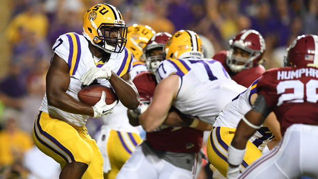 Nov 5, 2016; Baton Rouge, LA, USA; LSU Tigers running back Leonard Fournette (7) carries against the Alabama Crimson Tide during the first quarter at Tiger Stadium. Photo Credit: John David Mercer-USA TODAY Sports