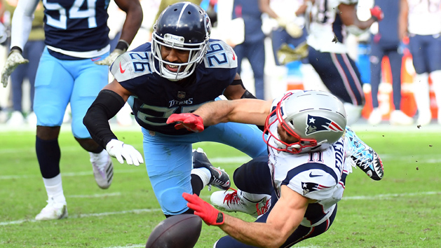 Nov 11, 2018; Nashville, TN, USA; Tennessee Titans cornerback Logan Ryan (26) breaks up a pass intended for New England Patriots wide receiver Julian Edelman (11) on fourth down during the second half at Nissan Stadium. Photo Credit: Christopher Hanewinckel-USA TODAY Sports