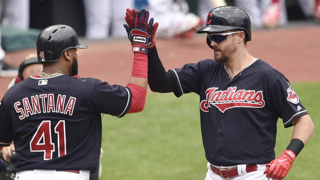 Jun 15, 2017; Cleveland, OH, USA; Cleveland Indians right fielder Lonnie Chisenhall (8) celebrates his three-run home run with first baseman Carlos Santana (41) in the fifth inning against the Los Angeles Dodgers at Progressive Field. Photo Credit: David Richard-USA TODAY Sports