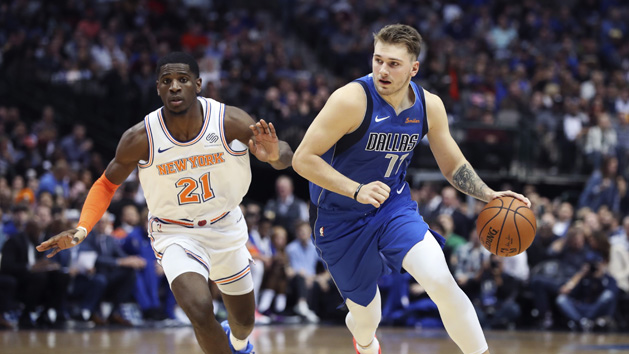 Nov 2, 2018; Dallas, TX, USA; Dallas Mavericks forward Luka Doncic (77) drives to the basket past New York Knicks forward Damyean Dotson (21) during the first half at American Airlines Center. Photo Credit: Kevin Jairaj-USA TODAY Sports