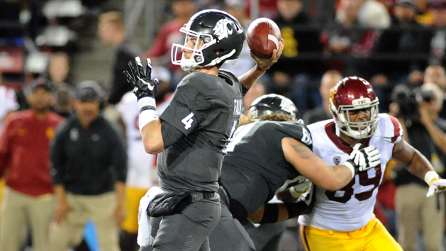 Sep 29, 2017; Pullman, WA, USA; Washington State Cougars quarterback Luke Falk (4) throws a pass against the USC Trojans during the second half at Martin Stadium. The Cougars won 30-27. Photo Credit: James Snook-USA TODAY Sports