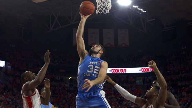 Mar 2, 2019; Clemson, SC, USA; North Carolina Tar Heels forward Luke Maye (32) goes in for the layup during the first half against the Clemson Tigers at Littlejohn Coliseum. Tar Heels won 81-79. Photo Credit: Joshua S. Kelly-USA TODAY Sports