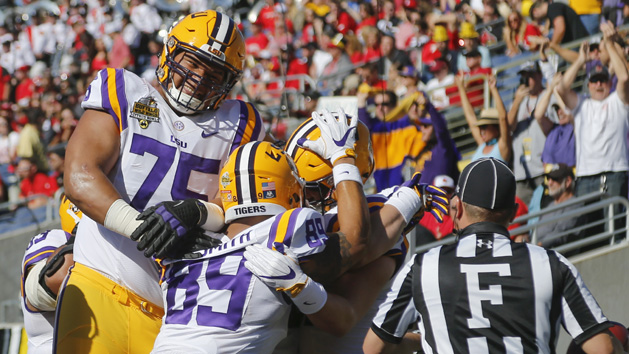 Dec 31, 2016; Orlando, FL, USA; LSU Tigers guard Maea Teuhema (75) and tight end DeSean Smith (89) celebrate a touchdown with tight end Colin Jeter (81) during the second quarter of an NCAA football game in the Buffalo Wild Wings Citrus Bowl at Camping World Stadium. Photo Credit: Reinhold Matay-USA TODAY Sports