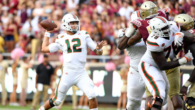 Oct 7, 2017; Tallahassee, FL, USA; Miami Hurricanes quarterback Malik Rosier (12) throws the ball during the second half against the Florida State Seminoles at Doak Campbell Stadium. Photo Credit: Melina Vastola-USA TODAY Sports