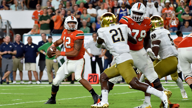 Nov 11, 2017; Miami Gardens, FL, USA; Miami Hurricanes quarterback Malik Rosier (12) throws a pass against Notre Dame Fighting Irish at Hard Rock Stadium. Photo Credit: Steve Mitchell-USA TODAY Sports