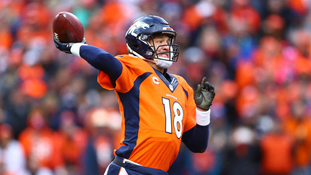 Jan 24, 2016; Denver, CO, USA; Denver Broncos quarterback Peyton Manning (18) drops back to pass against the New England Patriots in the second half in the AFC Championship football game at Sports Authority Field at Mile High. Photo Credit: Mark J. Rebilas-USA TODAY Sports