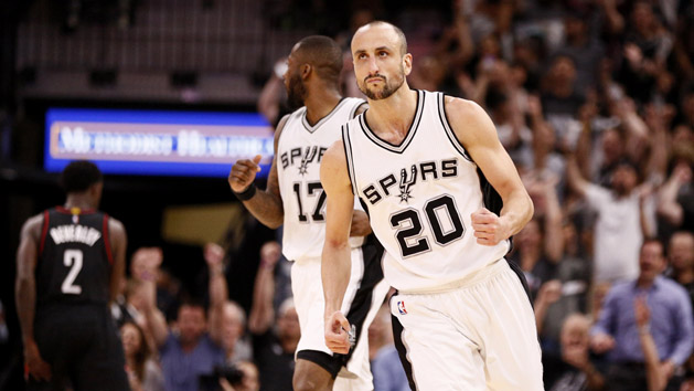 May 9, 2017; San Antonio, TX, USA; San Antonio Spurs shooting guard Manu Ginobili (20) reacts after a shot against the Houston Rockets during the second half in game five of the second round of the 2017 NBA Playoffs at AT&T Center. Photo Credit: Soobum Im-USA TODAY Sports