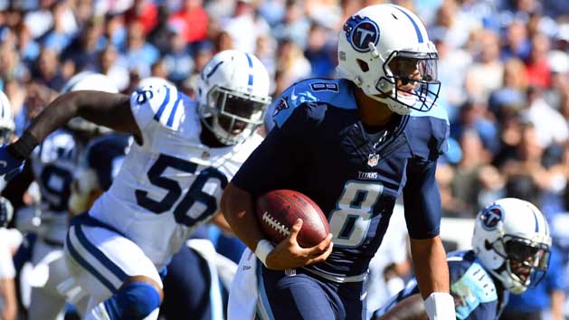 Oct 23, 2016; Nashville, TN, USA; Tennessee Titans quarterback Marcus Mariota (8) runs for a first down in the first half against the Tennessee Titans at Nissan Stadium. The Colts won 34-26. Photo Credit: Christopher Hanewinckel-USA TODAY Sports