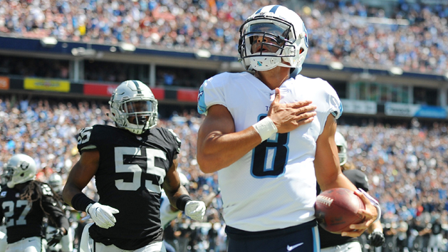 Sep 10, 2017; Nashville, TN, USA; Tennessee Titans quarterback Marcus Mariota (8) runs for a touchdown during the first half against the Oakland Raiders at Nissan Stadium. Photo Credit: Christopher Hanewinckel-USA TODAY Sports