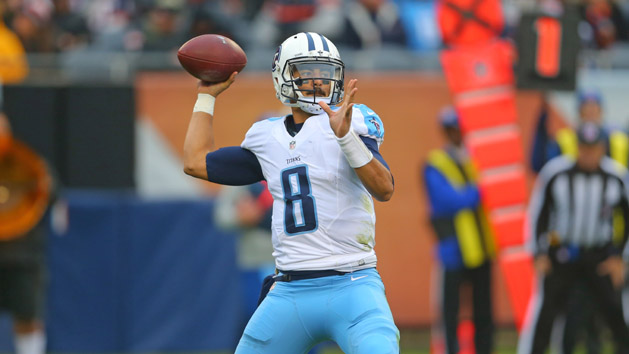 Nov 27, 2016; Chicago, IL, USA; Tennessee Titans quarterback Marcus Mariota (8) passes during the second half against the Chicago Bears at Soldier Field. Tennessee won 27-21. Photo Credit: Dennis Wierzbicki-USA TODAY Sports