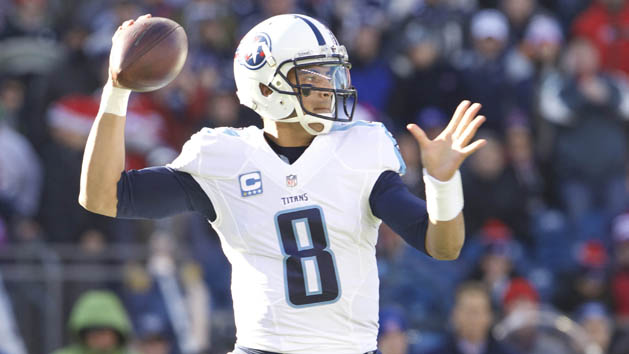 Dec 20, 2015; Foxborough, MA, USA; Tennessee Titans quarterback Marcus Mariota (8) throws a pass against the New England Patriots in the first quarter at Gillette Stadium. Photo Credit: David Butler II-USA TODAY Sports