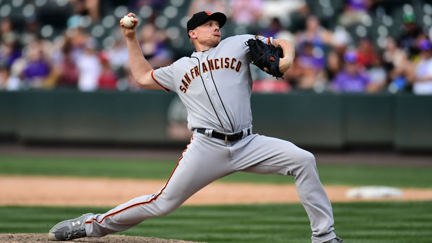 Jul 17, 2019; Denver, CO, USA; San Francisco Giants relief pitcher Mark Melancon (41) delivers a pitch against the Colorado Rockies in the ninth inning at Coors Field. Photo Credit: Ron Chenoy-USA TODAY Sports