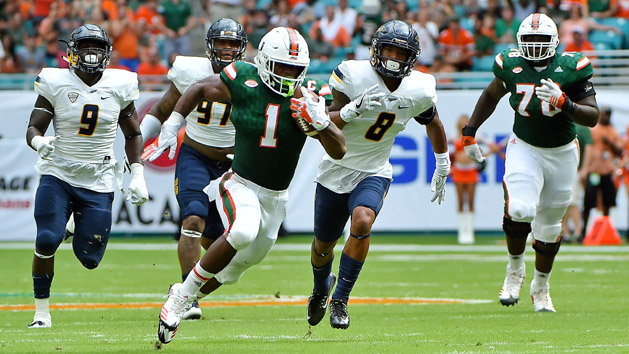 Sep 23, 2017; Miami Gardens, FL, USA; Miami Hurricanes running back Mark Walton (1) runs the ball against the Toledo Rockets during the first half at Hard Rock Stadium. Photo Credit: Jasen Vinlove-USA TODAY Sports