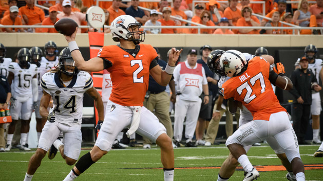 Sep 17, 2016; Stillwater, OK, USA; Oklahoma State Cowboys quarterback Mason Rudolph (2) looks to pass against the Pittsburgh Panthers during the second half at Boone Pickens Stadium. Photo Credit: Rob Ferguson-USA TODAY Sports