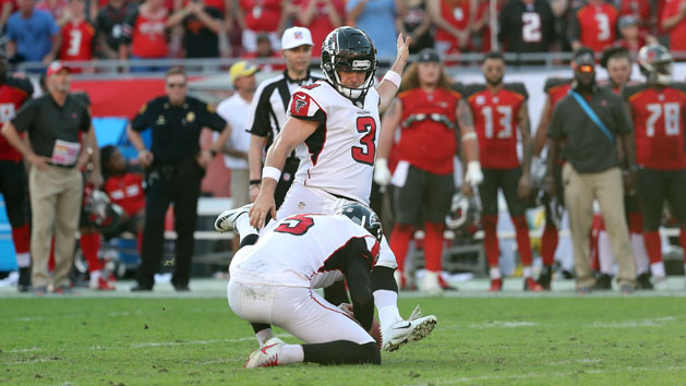 Dec 30, 2018; Tampa, FL, USA; Atlanta Falcons kicker Matt Bryant (3) kicks the game winning 37-yard field goal as Atlanta Falcons punter Matt Bosher (5) holds the ball against the Tampa Bay Buccaneers as time expires to end the game at Raymond James Stadium. Photo Credit: Kim Klement-USA TODAY Sports