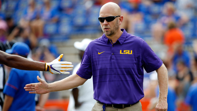 Oct 7, 2017; Gainesville, FL, USA; LSU offensive coordinator Matt Canada prior to the game at Ben Hill Griffin Stadium. Photo Credit: Kim Klement-USA TODAY Sports