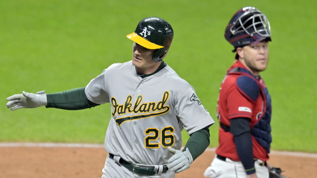May 20, 2019; Cleveland, OH, USA; Cleveland Indians catcher Roberto Perez (55) reacts as Oakland Athletics third baseman Matt Chapman (26) celebrates his two-run home run in the ninth inning at Progressive Field. Photo Credit: David Richard-USA TODAY Sports