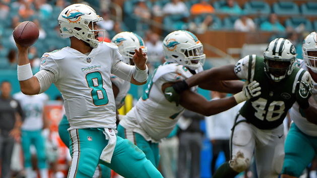 Oct 22, 2017; Miami Gardens, FL, USA; Miami Dolphins quarterback Matt Moore (8) attention attempts a pass against the New York Jets during the second half at Hard Rock Stadium. Photo Credit: Jasen Vinlove-USA TODAY Sports