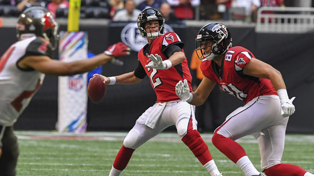 Oct 15, 2017; Atlanta, GA, USA; Atlanta Falcons quarterback Matt Ryan (2) throws a pass against the Miami Dolphins in the first quarter at Mercedes-Benz Stadium. Photo Credit: Brett Davis-USA TODAY Sports