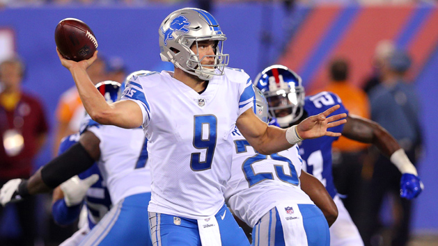 Sep 18, 2017; East Rutherford, NJ, USA; Detroit Lions quarterback Matthew Stafford (9) throws a pass against the New York Giants during the second quarter at MetLife Stadium. Photo Credit: Brad Penner-USA TODAY Sports