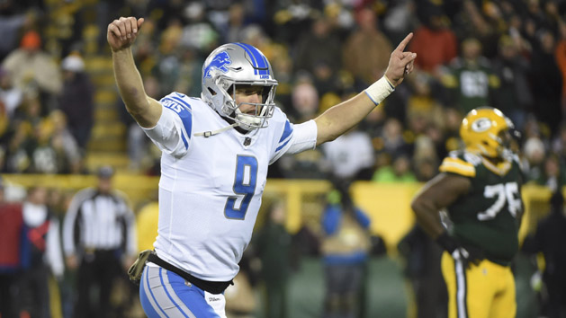 Nov 6, 2017; Green Bay, WI, USA; Detroit Lions quarterback Matthew Stafford celebrates after throwing a touchdown pass in the fourth quarter against the Green Bay Packers at Lambeau Field. Photo Credit: Benny Sieu-USA TODAY Sports