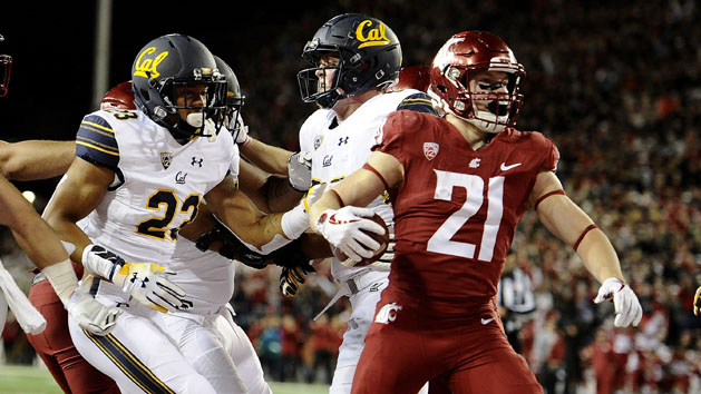Nov 3, 2018; Pullman, WA, USA; Washington State Cougars running back Max Borghi (21) scores a touchdown against California Golden Bears linebacker Malik Psalms (23) in the first half at Martin Stadium. Photo Credit: James Snook-USA TODAY Sports