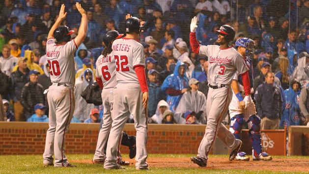 Oct 11, 2017; Chicago, IL, USA; Washington Nationals center fielder Michael Taylor (3) celebrates with teammates Daniel Murphy (20) , Matt Wieters (32) and Anthony Rendon (6) after hitting a grand slam against the Chicago Cubs in the 8th inning during game four of the 2017 NLDS playoff baseball series at Wrigley Field. Photo Credit: Dennis Wierzbicki-USA TODAY Sports