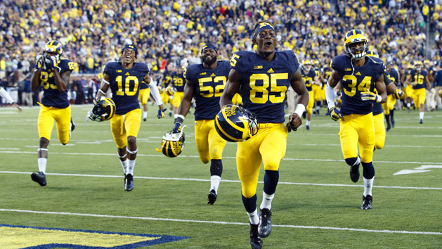 Oct 10, 2015; Ann Arbor, MI, USA; Michigan Wolverines players run over to the student section after the game against the Northwestern Wildcats at Michigan Stadium. Michigan won 38-0. Mandatory Credit: Rick Osentoski-USA TODAY Sports