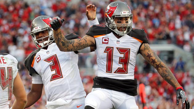 Oct 1, 2017; Tampa, FL, USA; Tampa Bay Buccaneers quarterback Jameis Winston (3) and Tampa Bay Buccaneers wide receiver Mike Evans (13) celebrate against the New York Giants during the first half at Raymond James Stadium. Photo Credit: Kim Klement-USA TODAY Sports