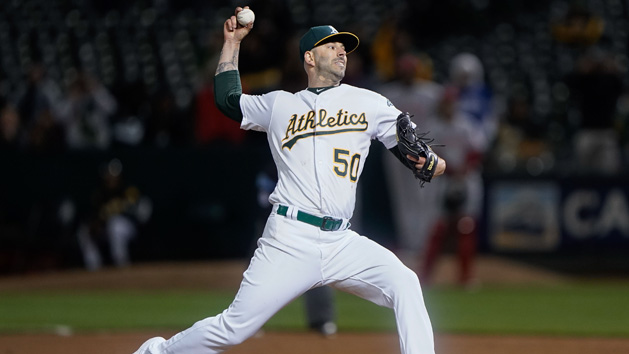 May 7, 2019; Oakland, CA, USA; Oakland Athletics starting pitcher Mike Fiers (50) pitches for a no-hitter against the Cincinnati Reds during the ninth inning at Oakland Coliseum. Photo Credit: Stan Szeto-USA TODAY Sports