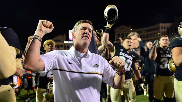Oct 15, 2016; Boulder, CO, USA; Colorado Buffaloes head coach Mike MacIntyre celebrates the win over the Arizona State Sun Devils at Folsom Field. The Buffaloes defeated the Sun Devils 40-16. Photo Credit: Ron Chenoy-USA TODAY Sports