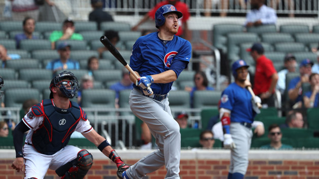 Jul 19, 2017; Atlanta, GA, USA; Chicago Cubs starting pitcher Mike Montgomery (38) hits a solo home run in the fifth inning against the Atlanta Braves at SunTrust Park. Photo Credit: Jason Getz-USA TODAY Sports