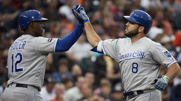 Jun 28, 2017; Detroit, MI, USA; Kansas City Royals third baseman Mike Moustakas (8) receives congratulations from designated hitter Jorge Soler (12) after he hits a home run in the fourth inning against the Detroit Tigers at Comerica Park. Photo Credit: Rick Osentoski-USA TODAY Sports