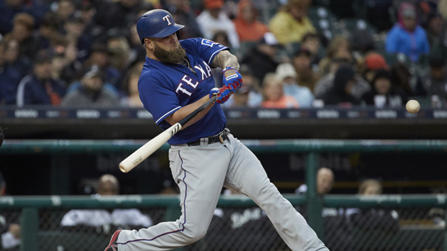 May 19, 2017; Detroit, MI, USA; Texas Rangers designated hitter Mike Napoli (5) hits a home run in the fourth inning against the Detroit Tigers at Comerica Park. Photo Credit: Rick Osentoski-USA TODAY Sports