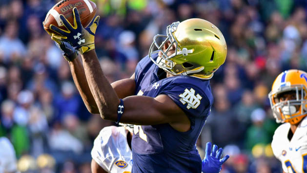 Oct 13, 2018; South Bend, IN, USA; Notre Dame Fighting Irish wide receiver Miles Boykin (81) catches the game winning catch for a touchdown in the fourth quarter against the Pittsburgh Panthers at Notre Dame Stadium. Photo Credit: Matt Cashore-USA TODAY Sports
