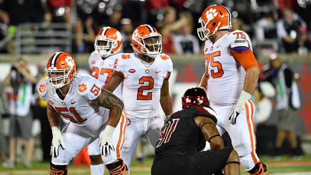 Sep 16, 2017; Louisville, KY, USA; Clemson Tigers quarterback Kelly Bryant (2) changes the play with Clemson Tigers offensive tackle Mitch Hyatt (75) during the first half against the Louisville Cardinals at Papa John's Cardinal Stadium. Clemson defeated Louisville 47-21. Photo Credit: Jamie Rhodes-USA TODAY Sports